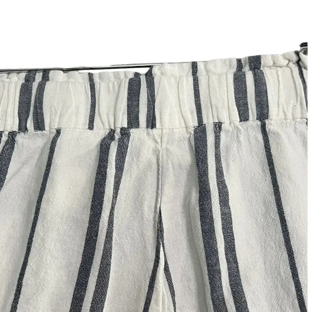 H&M Womens Pants Size 2 Blue White Striped Wide Leg Cropped Linen Blend Coastal